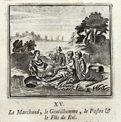 O Mercador, o Gentilman, o Patra, e o Filho do Rei. Fábulas de Jean de La Fontaine (1621-95). Ilustração de François Chauveau (1613-1676). Edição de 1728.
