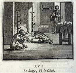 O Macaco e o Gato. Fábulas de Jean de La Fontaine (1621-95). Ilustração de François Chauveau (1613-1676). Edição de 1728.