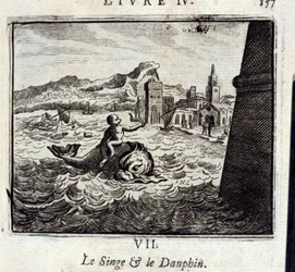 The Monkey and the Dauphin.Fables de Jean de La Fontaine (1621-95). Ilustração de François Chauveau (1613-1676). Edição de 1728.