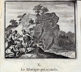 A Montanha a dar à luz. Fábulas de Jean de La Fontaine (1621-95). Ilustração de François Chauveau (1613-1676). Edição de 1728.