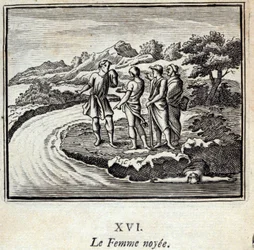 A Mulher Noyee. Fábulas de Jean de La Fontaine (1621-95). Ilustração de François Chauveau (1613-1676). Edição de 1728.