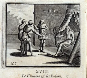 O Velho e os seus filhos. Fábulas de Jean de La Fontaine (1621-95). Ilustração de François Chauveau (1613-1676). Edição de 1728.
