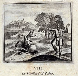 O Velho e o Burro. Fábulas de Jean de La Fontaine (1621-95). Ilustração de François Chauveau (1613-1676). Edição de 1728.