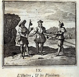 A Ostra e os Litigantes. Fábulas de Jean de La Fontaine (1621-95). Ilustração de François Chauveau (1613-1676). Edição de 1728.