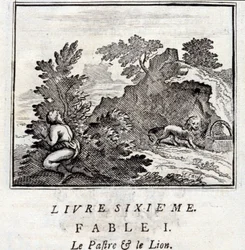 A Patra e o Leão. Fábulas de Jean de La Fontaine (1621-95). Ilustração de François Chauveau (1613-1676). Edição de 1728.
