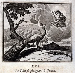 O pavão que se queixa a Juno. Fábulas de Jean de La Fontaine (1621-95). Ilustração de François Chauveau (1613-1676). Edição de 1728.