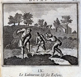 O Ploureur e os seus Enfants. Fábulas de Jean de La Fontaine (1621-95). Ilustração de François Chauveau (1613-1676). Edição de 1728.