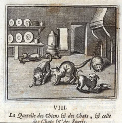 O Querelle dos Cães e Gatos, e o dos Gatos e Ratos. Fábulas de Jean de La Fontaine (1621-95). Ilustração de François Chauveau (1613-1676). Edição de 1728.