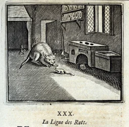 A Liga dos Ratos. Fábulas de Jean de La Fontaine (1621-95). Ilustração de François Chauveau (1613-1676). Edição de 1728.