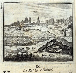 The Rat and the Oyer.Fables de Jean de La Fontaine (1621-95). Ilustração de François Chauveau (1613-1676). Edição de 1728.