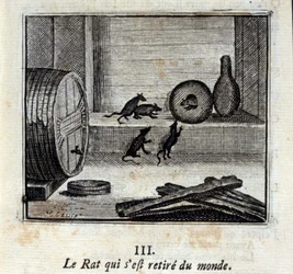 O Rato que se retirou do mundo. Fábulas de Jean de La Fontaine (1621-95). Ilustração de François Chauveau (1613-1676). Edição de 1728.
