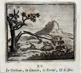 O Corvo, a Gazela, a Tartaruga e o Rato. Fábulas de Jean de La Fontaine (1621-95). Ilustração de François Chauveau (1613-1676). Edição de 1728.
