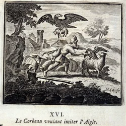 O Corvo a querer imitar a Águia. Fábulas de Jean de La Fontaine (1621-95). Ilustração de François Chauveau (1613-1676). Edição de 1728.
