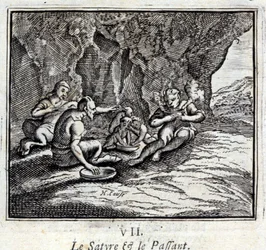 O Satyre e o Passageiro. Fábulas de Jean de La Fontaine (1621-95). Ilustração de François Chauveau (1613-1676). Edição de 1728.