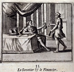 O Savetier e o Finder. Fábulas de Jean de La Fontaine (1621-95). Ilustração de François Chauveau (1613-1676). Edição de 1728.