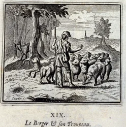 O Pastor e o seu rebanho. Fábulas de Jean de La Fontaine (1621-95). Ilustração de François Chauveau (1613-1676). Edição de 1728.