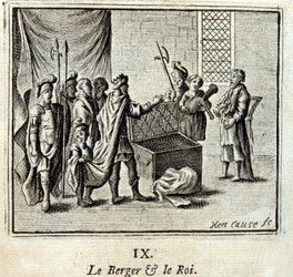 O Pastor e o Rei. Fábulas de Jean de La Fontaine (1621-95). Ilustração de François Chauveau (1613-1676). Edição de 1728.