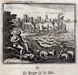 O Pastor e o Mar. Fábulas de Jean de La Fontaine (1621-95). Ilustração de François Chauveau (1613-1676). Edição de 1728.