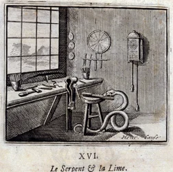 The Snake and the Lime.Fables de Jean de La Fontaine (1621-95). Ilustração de François Chauveau (1613-1676). Edição de 1728.