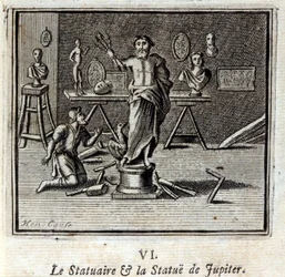 A estatuária e a estátua de Júpiter. Fábulas de Jean de La Fontaine (1621-95). Ilustração de François Chauveau (1613-1676). Edição de 1728.