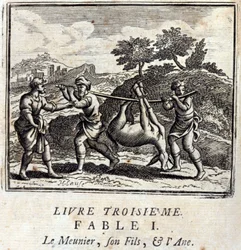 O Otário seu filho e o Burro. Fábulas de Jean de La Fontaine (1621-95). Ilustração de François Chauveau (1613-1676). Edição de 1728.