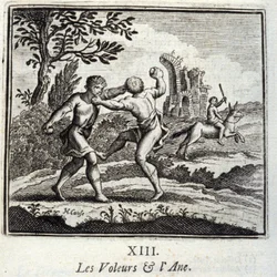 The Thieves and the Ane.Fables de Jean de La Fontaine (1621-95). Ilustração de François Chauveau (1613-1676). Edição de 1728.