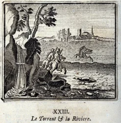 O Torrent e o Riviere. Fábulas de Jean de La Fontaine (1621-95). Ilustração de François Chauveau (1613-1676). Edição de 1728.