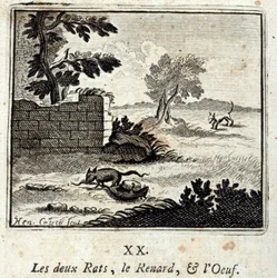 Os Dois Ratos, a Raposa, e o Ovo. Fábulas de Jean de La Fontaine (1621-95). Ilustração de François Chauveau (1613-1676). Edição de 1728.