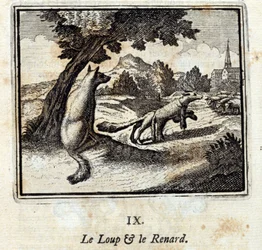 O Lobo e a Raposa. Fábulas de Jean de La Fontaine (1621-95). Ilustração de François Chauveau (1613-1676). Edição de 1728.