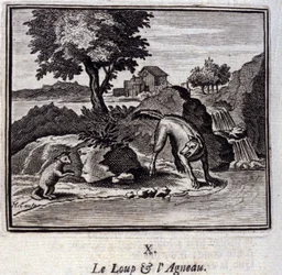 O Lobo e o Cordeiro. Fábulas de Jean de La Fontaine (1621-95). Ilustração de François Chauveau (1613-1676). Edição de 1728.