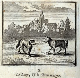 O lobo e o cão magro. Fábulas de Jean de La Fontaine (1621-95). Ilustração de François Chauveau (1613-1676). Edição de 1728.