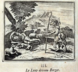 The Wolf tornou-se Berger.Fables por Jean de La Fontaine (1621-95). Ilustração de François Chauveau (1613-1676). Edição de 1728.