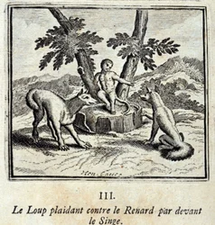 O Lobo a implorar contra a Raposa em frente ao Macaco. Fábulas de Jean de La Fontaine (1621-95). Ilustração de François Chauveau (1613-1676). Edição de 1728.
