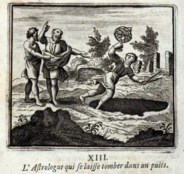 O astrólogo que cai num poço. Fábulas de Jean de La Fontaine (1621-95). Ilustração de François Chauveau (1613-1676). Edição de 1728.