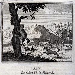 O gato e a raposa. Fábulas de Jean de La Fontaine (1621-95). Ilustração de François Chauveau (1613-1676). Edição de 1728.