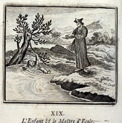 A criança e o mestre da escola. Fábulas de Jean de La Fontaine (1621-95). Ilustração de François Chauveau (1613-1676). Edição de 1728.