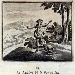 A leiteria e o pote de leite. Fábulas de Jean de La Fontaine (1621-95). Ilustração de François Chauveau (1613-1676). Edição de 1728.