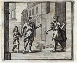 O depositário é infiel. Fábulas de Jean de La Fontaine (1621-95). Ilustração de François Chauveau (1613-1676). Edição de 1728.