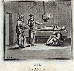 Os médicos. Fábulas de Jean de La Fontaine (1621-95). Ilustração de François Chauveau (1613-1676). Edição de 1728.