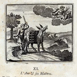 O burro e os seus senhores. Fábulas de Jean de La Fontaine (1621-95). Ilustração de François Chauveau (1613-1676). Edição de 1728.