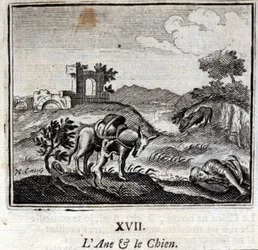 O burro e o cão. Fábulas de Jean de La Fontaine (1621-95). Ilustração de François Chauveau (1613-1676). Edição de 1728.