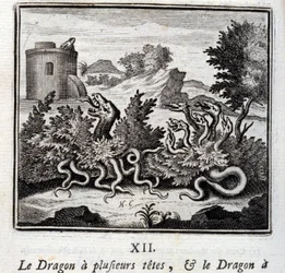 O dragão tem várias cabeças e o dragão tem várias caudas. Fábulas de Jean de La Fontaine (1621-95). Ilustração de François Chauveau (1613-1676). Edição de 1728.