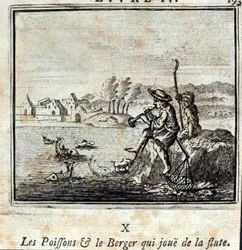 O peixe e o pastor a tocar flauta. Fábulas de Jean de La Fontaine (1621-95). Ilustração de François Chauveau (1613-1676). Edição de 1728.