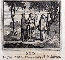 O juiz refere o Hospitaller e o Solitaire. Fábulas de Jean de La Fontaine (1621-95). Ilustração de François Chauveau (1613-1676). Edição de 1728.