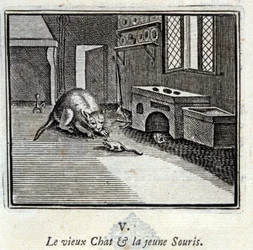 O velho Gato e o jovem Rato. Fábulas de Jean de La Fontaine (1621-95). Ilustração de François Chauveau (1613-1676). Edição de 1728.