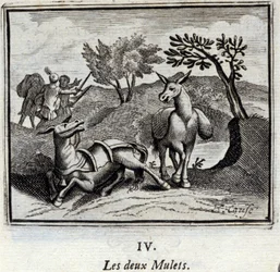 As duas mulas. Fábulas de Jean de La Fontaine (1621-95). Ilustração de François Chauveau (1613-1676). Edição de 1728.