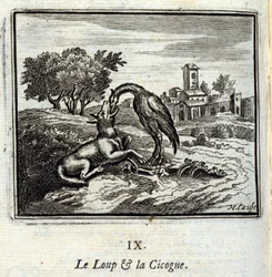 O lobo e a cegonha. Fábulas de Jean de La Fontaine (1621-95). Ilustração de François Chauveau (1613-1676). Edição de 1728.