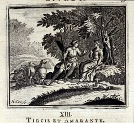 Tircis e Amaranth. Fábulas de Jean de La Fontaine (1621-95). Ilustração de François Chauveau (1613-1676). Edição de 1728.