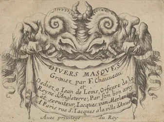 Placa de título com duas cabeças de sátiro, de Divers Masques, ca. 1635-45.