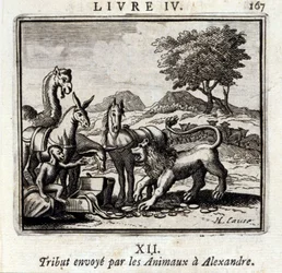 Homenagem enviada pelos Animais a Alexandre. Fábulas de Jean de La Fontaine (1621-95). Ilustração de François Chauveau (1613-1676). Edição de 1728.